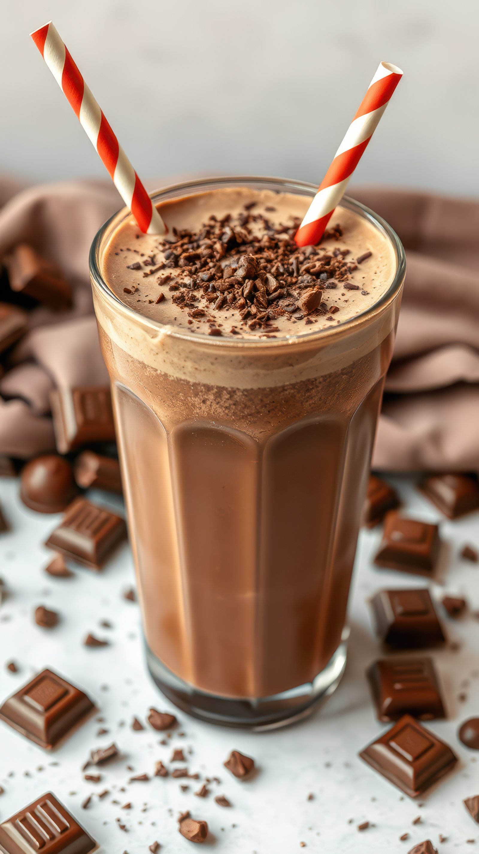 Chocolate milkshake topped with chocolate shavings and served with red and white straws for a delightful treat